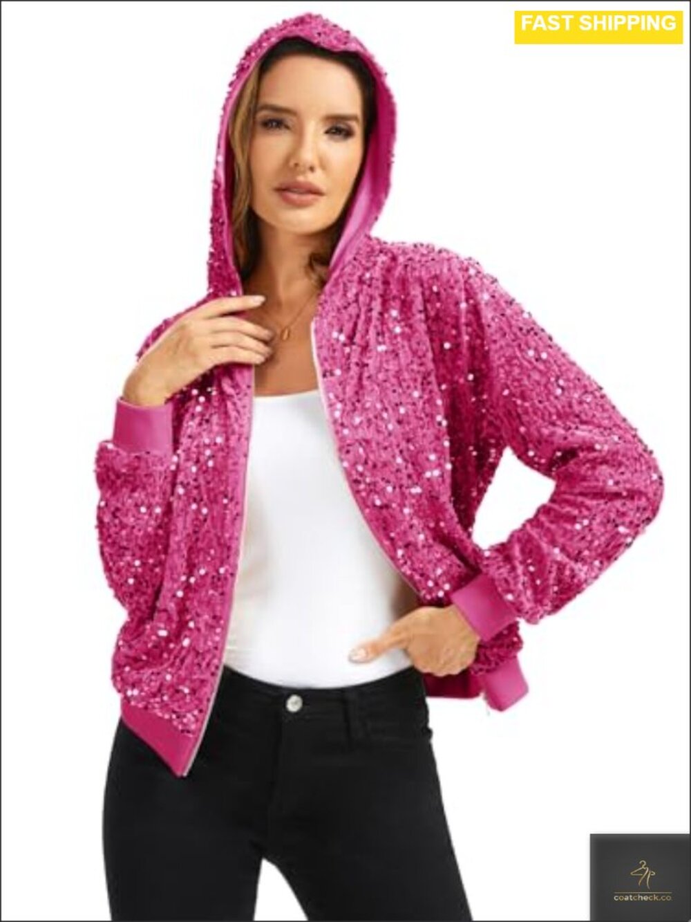 Sparkly Hooded Sequin Zip Up Bomber Jacket with Pockets Long Sleeve